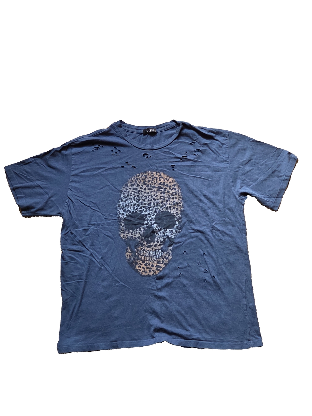 ZUTTER Distressed Leopard Print Skull Graphic Tee - Size L